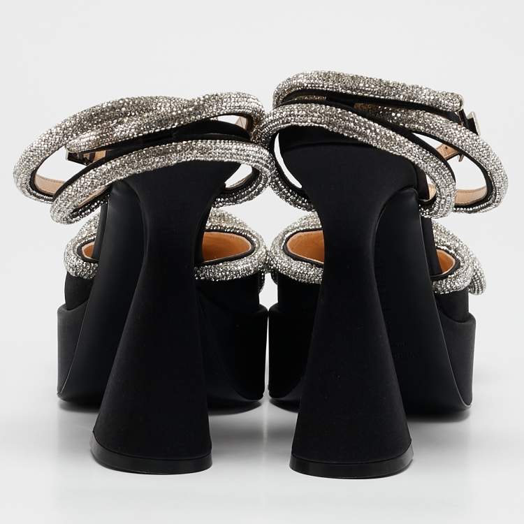 Pre Owned Mach & Mach Black Satin Double Bow Crystal Embellished Platform Pumps Size 39