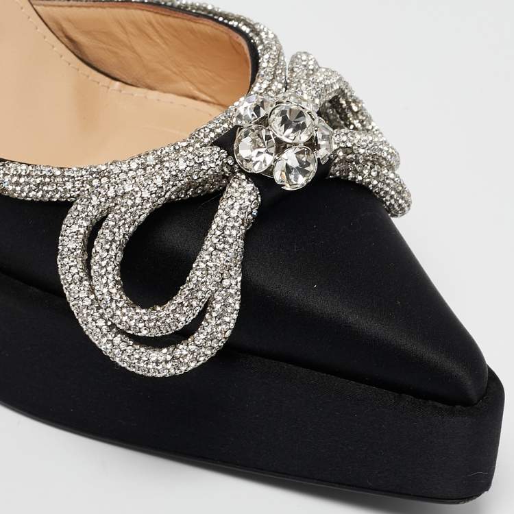 Pre Owned Mach & Mach Black Satin Double Bow Crystal Embellished Platform Pumps Size 39