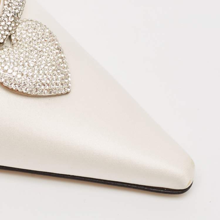 Pre Owned Mach & Mach Cream Satin Crystal Embellished Heart Pumps Size 39