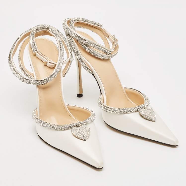Pre Owned Mach & Mach Cream Satin Crystal Embellished Heart Pumps Size 39