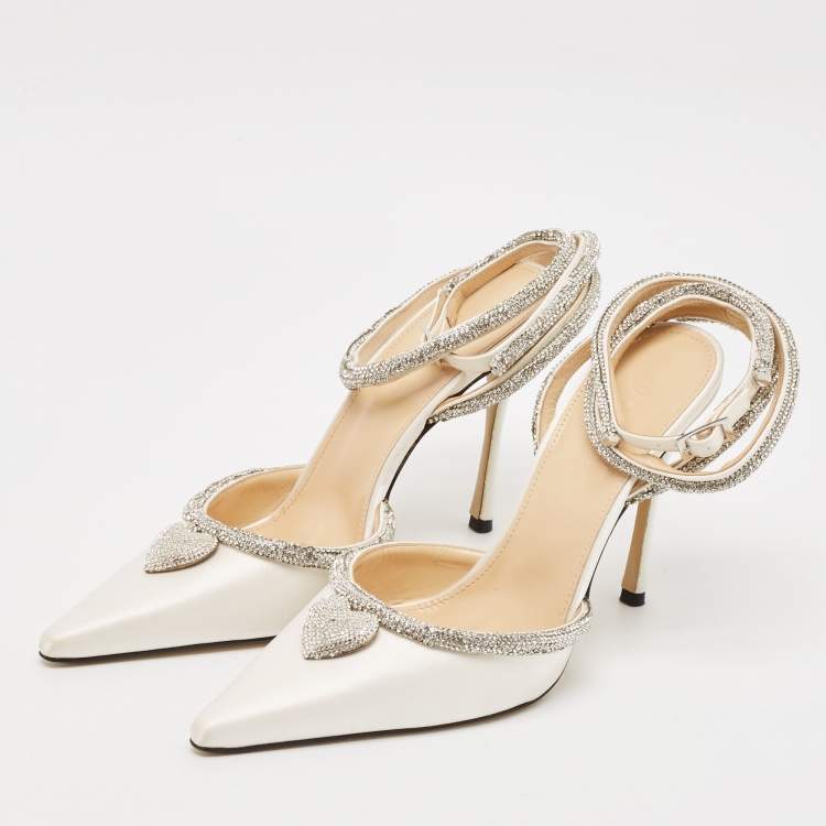 Pre Owned Mach & Mach Cream Satin Crystal Embellished Heart Pumps Size 39