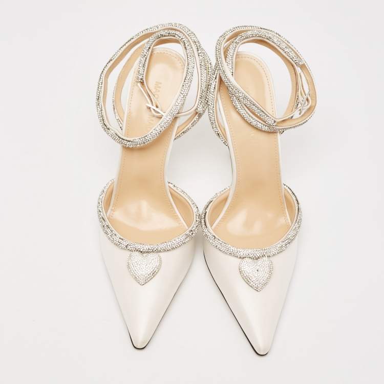 Pre Owned Mach & Mach Cream Satin Crystal Embellished Heart Pumps Size 39
