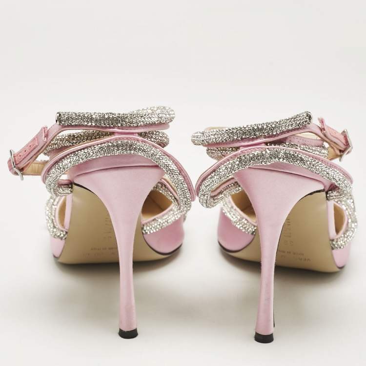 Pre Owned Mach & Mach Pink Satin Crystal Embellished Ankle Strap Sandals Size 39