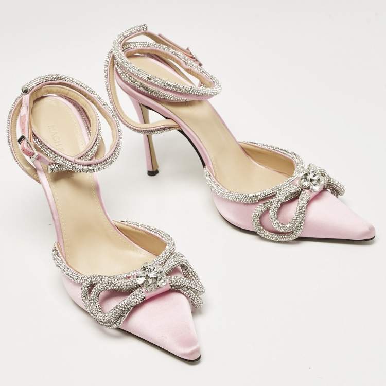 Pre Owned Mach & Mach Pink Satin Crystal Embellished Ankle Strap Sandals Size 39