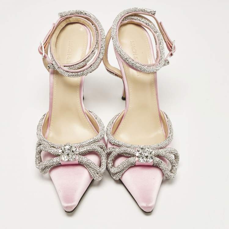 Pre Owned Mach & Mach Pink Satin Crystal Embellished Ankle Strap Sandals Size 39