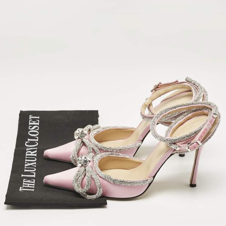 Pre Owned Mach & Mach Pink Satin Crystal Embellished Ankle Strap Sandals Size 39