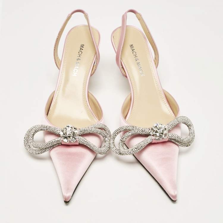 Pre Owned Mach & Mach Pink Satin Crystal Embellished Double Bow Ankle Wrap Pumps Size 36