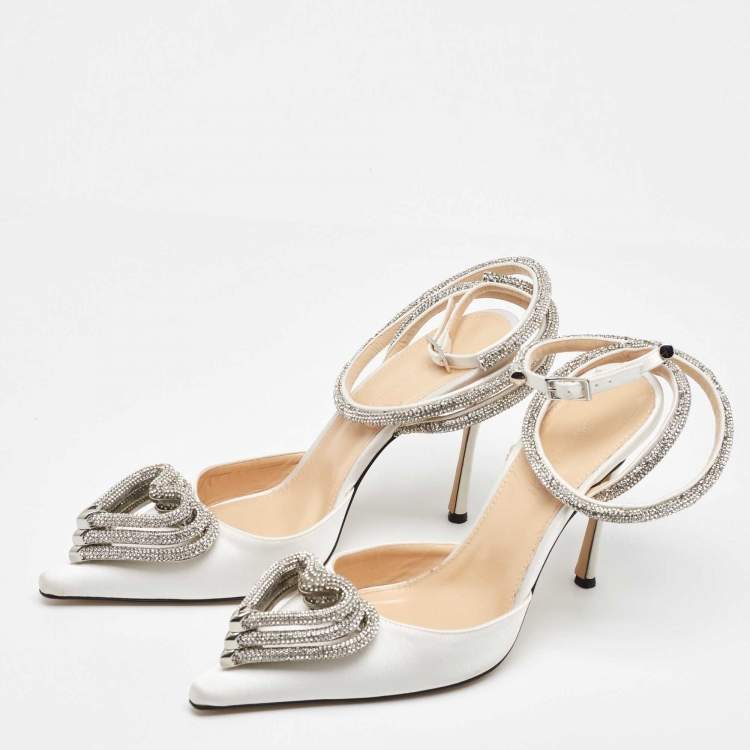 Pre Owned Mach & Mach White Satin Crystal Embellished Triple Heart Ankle Wrap Pumps Size 39