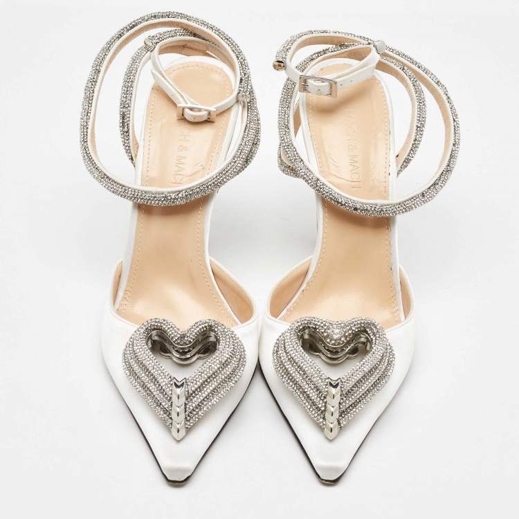 Pre Owned Mach & Mach White Satin Crystal Embellished Triple Heart Ankle Wrap Pumps Size 39