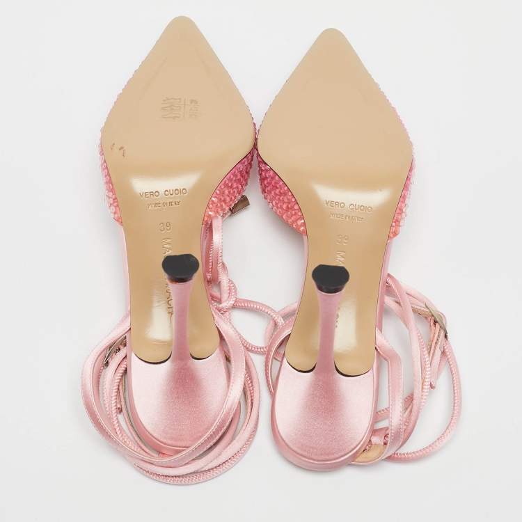 Pre Owned Mach & Mach Cream/Pink Satin Crystal Embellished Heart Pumps Size 39