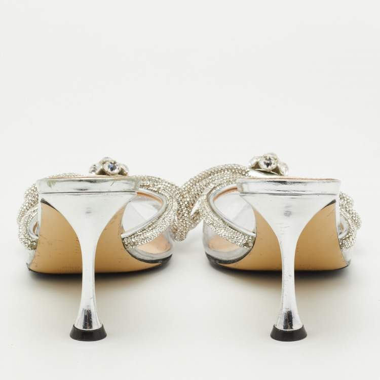 Pre Owned Mach & Mach Transparent PVC Crystal Embellished Double Bow Mules Size 38