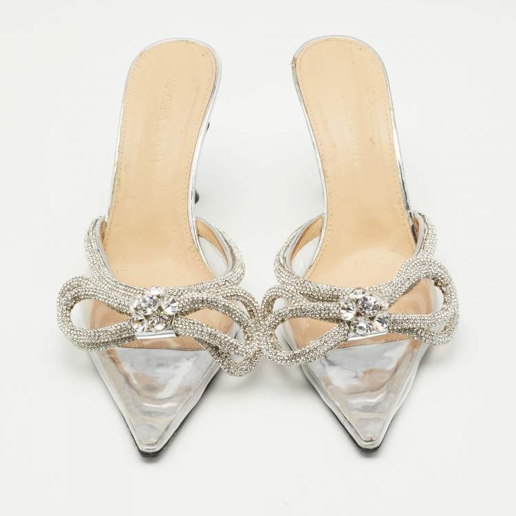 Pre Owned Mach & Mach Transparent PVC Crystal Embellished Double Bow Mules Size 38