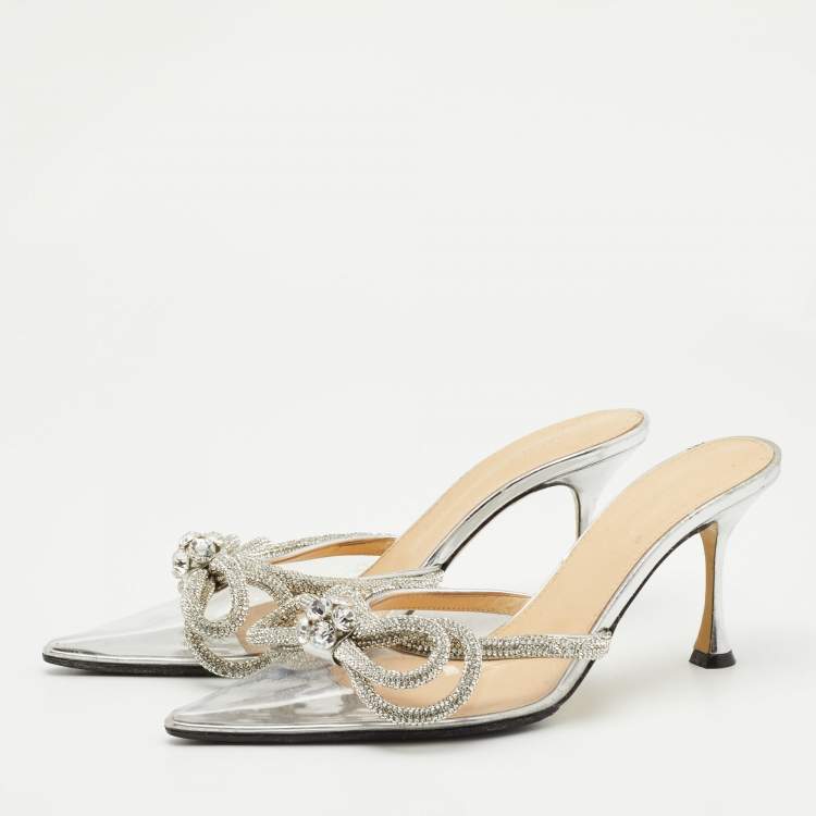 Pre Owned Mach & Mach Transparent PVC Crystal Embellished Double Bow Mules Size 38