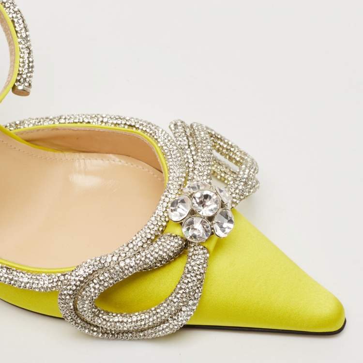 Pre Owned Mach & Mach Yellow Satin Double Bow Crystals Ankle Strap Pumps Size 37