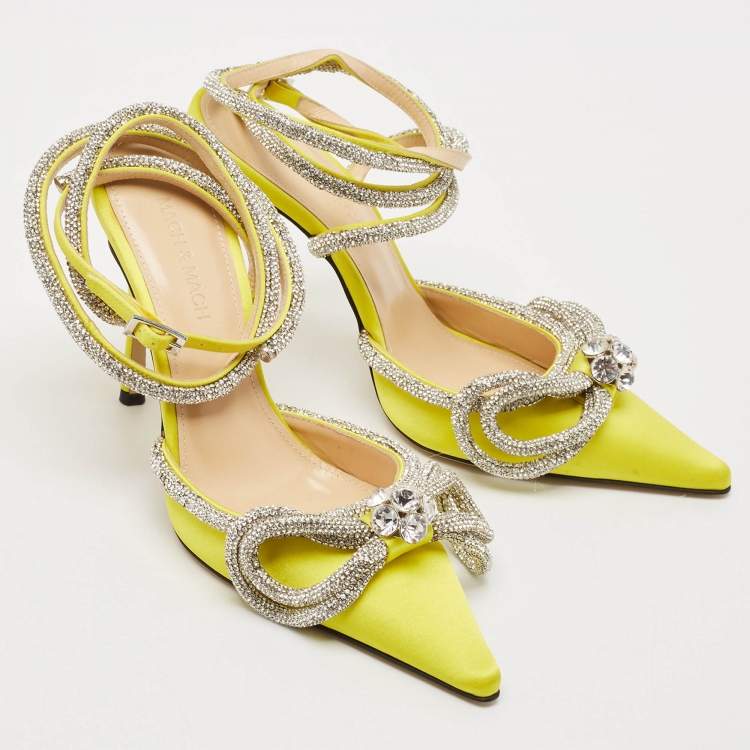 Pre Owned Mach & Mach Yellow Satin Double Bow Crystals Ankle Strap Pumps Size 37