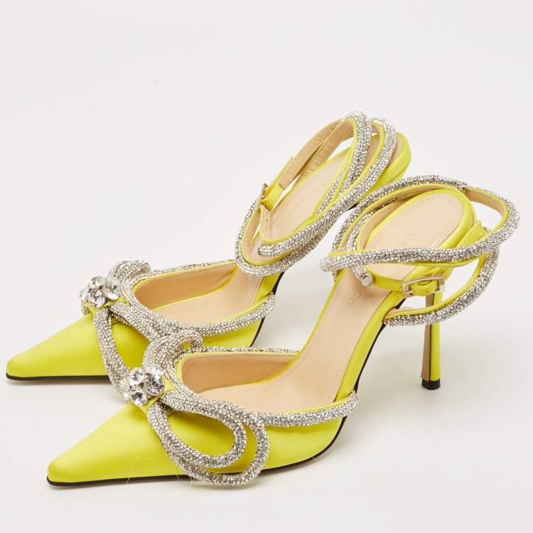 Pre Owned Mach & Mach Yellow Satin Double Bow Crystals Ankle Strap Pumps Size 37