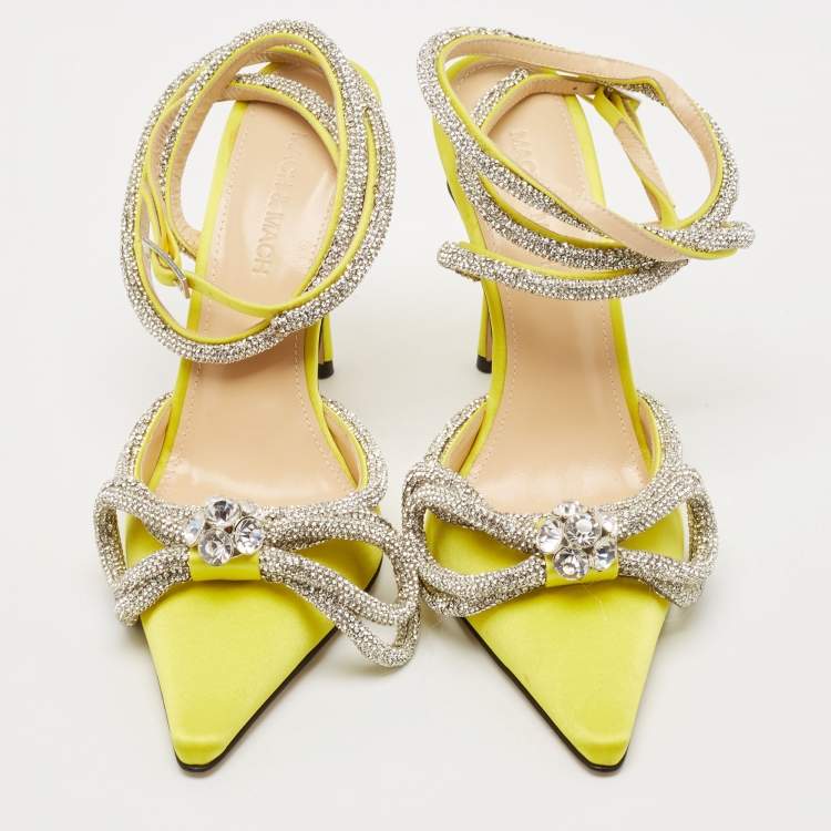 Pre Owned Mach & Mach Yellow Satin Double Bow Crystals Ankle Strap Pumps Size 37
