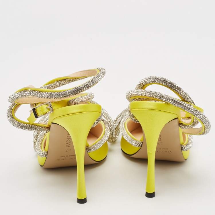 Pre Owned Mach & Mach Yellow Satin Double Bow Crystals Ankle Strap Pumps Size 37