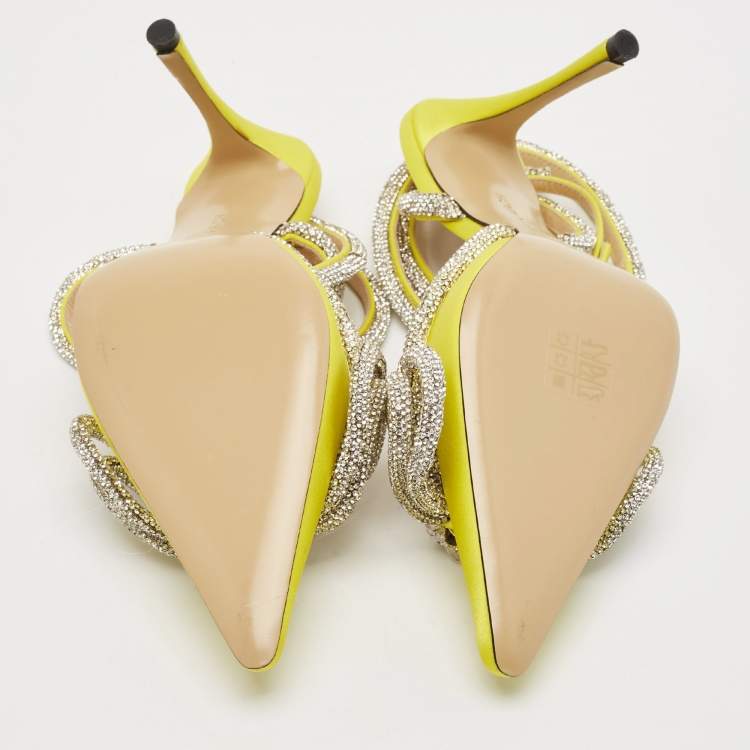 Pre Owned Mach & Mach Yellow Satin Double Bow Crystals Ankle Strap Pumps Size 37