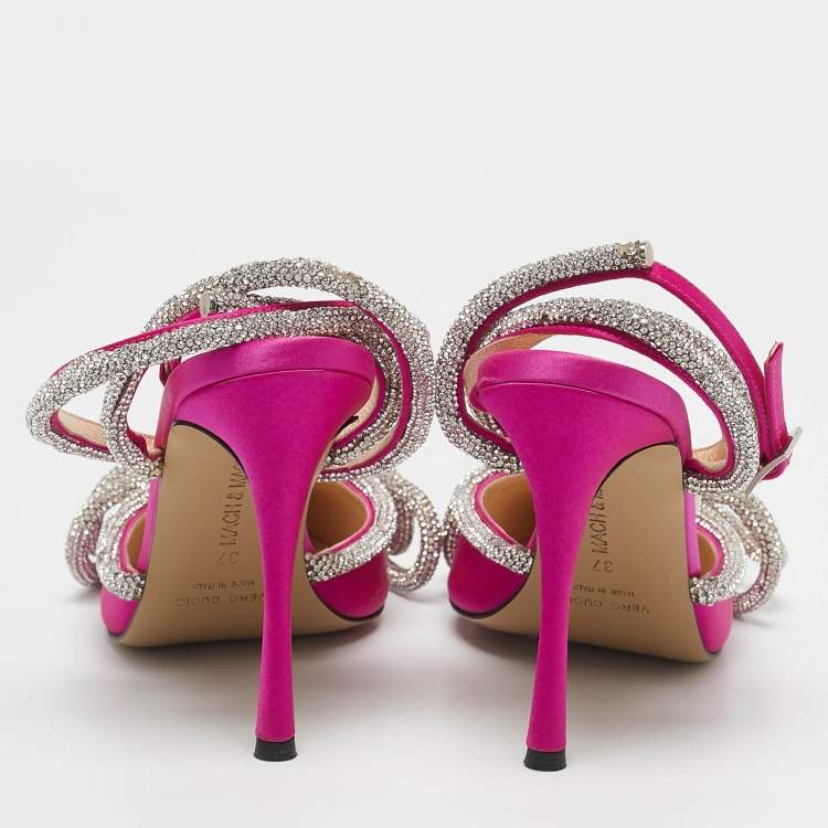 Pre Owned Mach & Mach Pink Satin Crystal Embellished Double Bow Pumps Size 37