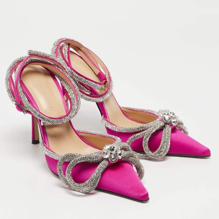Pre Owned Mach & Mach Pink Satin Crystal Embellished Double Bow Pumps Size 37