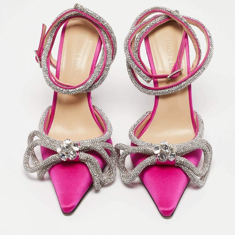 Pre Owned Mach & Mach Pink Satin Crystal Embellished Double Bow Pumps Size 37