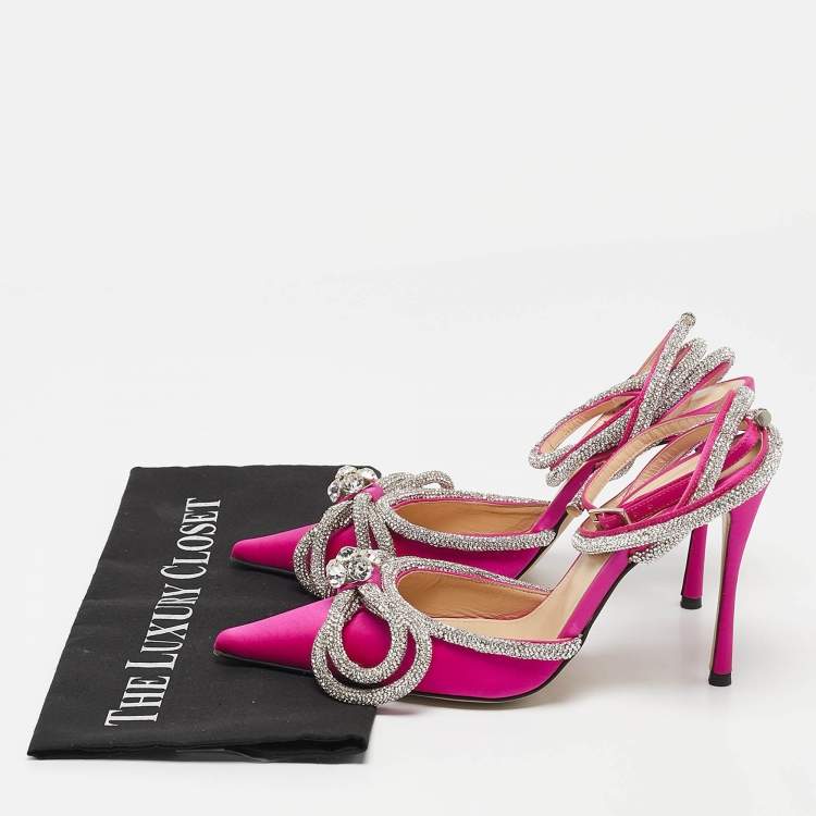 Pre Owned Mach & Mach Pink Satin Crystal Embellished Double Bow Pumps Size 37