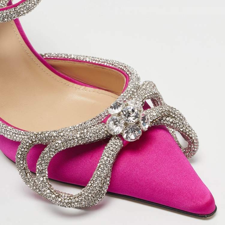 Pre Owned Mach & Mach Pink Satin Crystal Embellished Double Bow Pumps Size 37