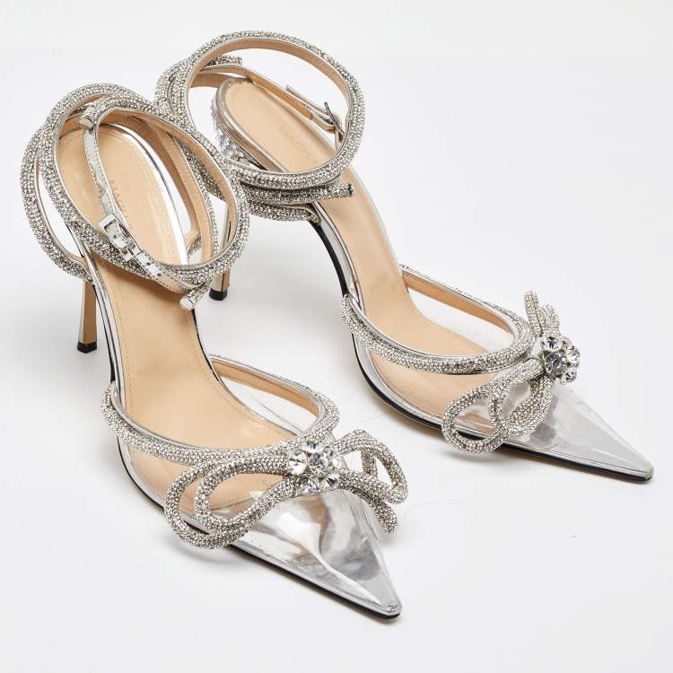 Pre Owned Mach & Mach Transparent/Silver PVC Crystal Embellished Double Bow Ankle Wrap Pumps Size 40.5