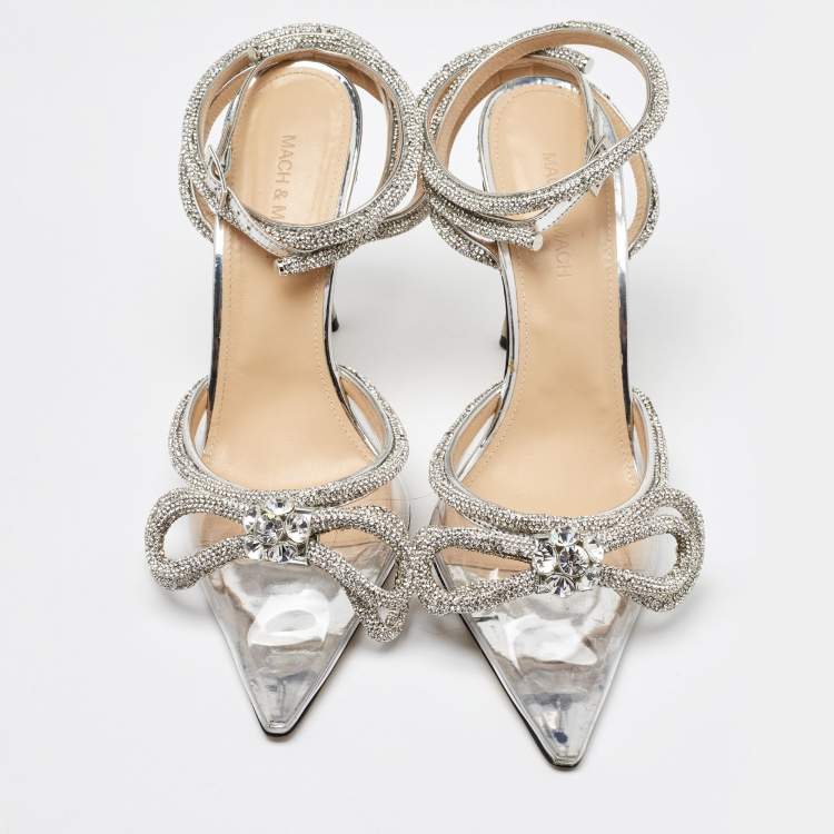 Pre Owned Mach & Mach Transparent/Silver PVC Crystal Embellished Double Bow Ankle Wrap Pumps Size 40.5