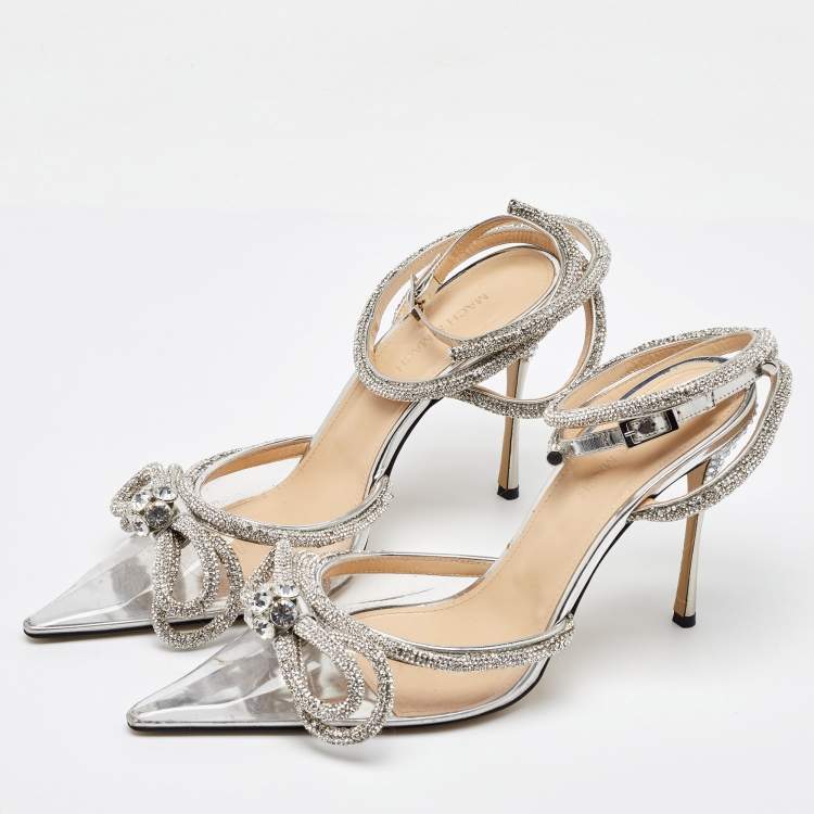 Pre Owned Mach & Mach Transparent/Silver PVC Crystal Embellished Double Bow Ankle Wrap Pumps Size 40.5