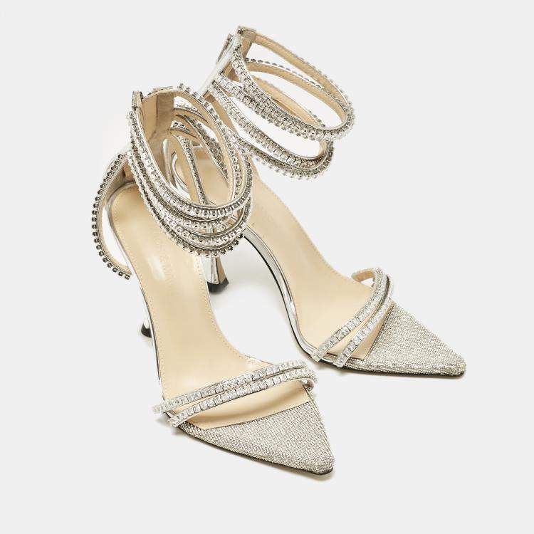 Pre Owned Mach & Mach Silver Leather Crystal Embellished Ankle Strap Sandals Size 36