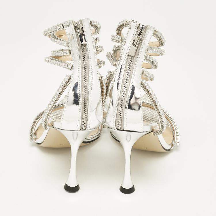 Pre Owned Mach & Mach Silver Leather Crystal Embellished Ankle Strap Sandals Size 36