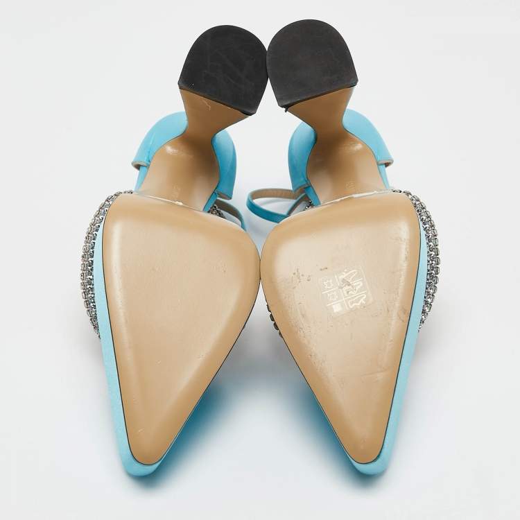 Pre Owned Mach & Mach Blue Satin Double Bow Crystal Embellished Platform Pumps Size 38