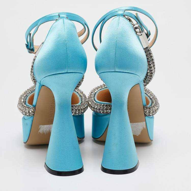 Pre Owned Mach & Mach Blue Satin Double Bow Crystal Embellished Platform Pumps Size 38