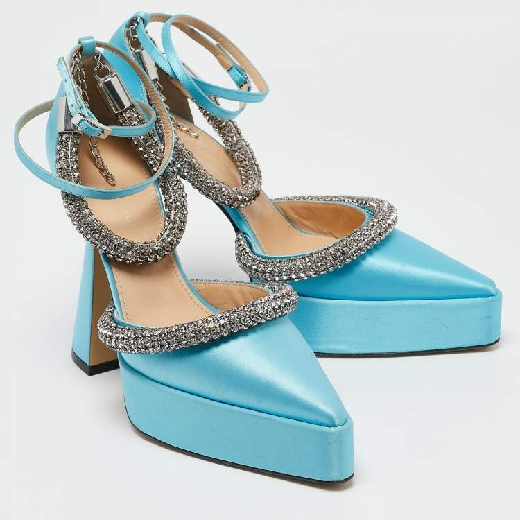 Pre Owned Mach & Mach Blue Satin Double Bow Crystal Embellished Platform Pumps Size 38