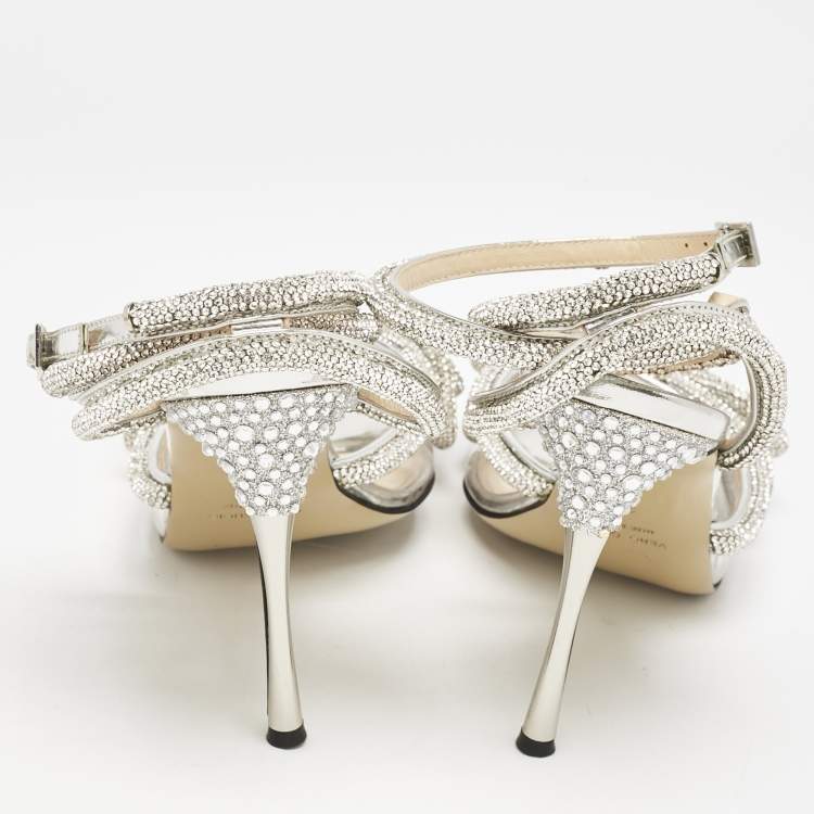 Pre Owned Mach & Mach Silver PVC Crystal Embellished Double Bow Pumps Size 37