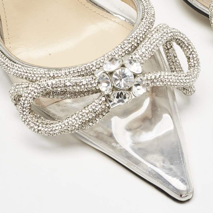 Pre Owned Mach & Mach Silver PVC Crystal Embellished Double Bow Pumps Size 37