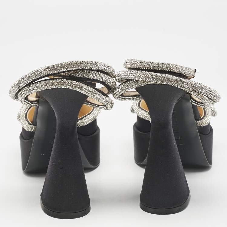 Pre Owned Mach & Mach Black Satin Crystal Embellished Double Bow Platform Pumps Size 37.5