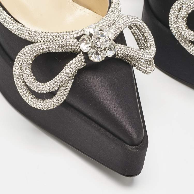 Pre Owned Mach & Mach Black Satin Crystal Embellished Double Bow Platform Pumps Size 37.5