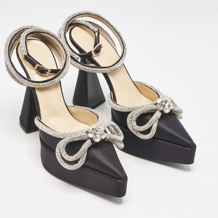 Pre Owned Mach & Mach Black Satin Crystal Embellished Double Bow Platform Pumps Size 37.5