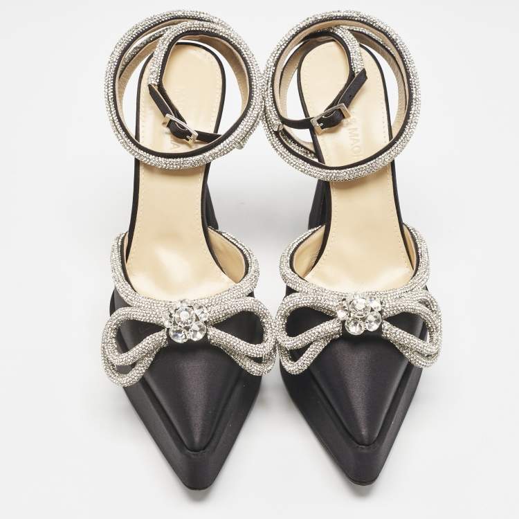 Pre Owned Mach & Mach Black Satin Crystal Embellished Double Bow Platform Pumps Size 37.5