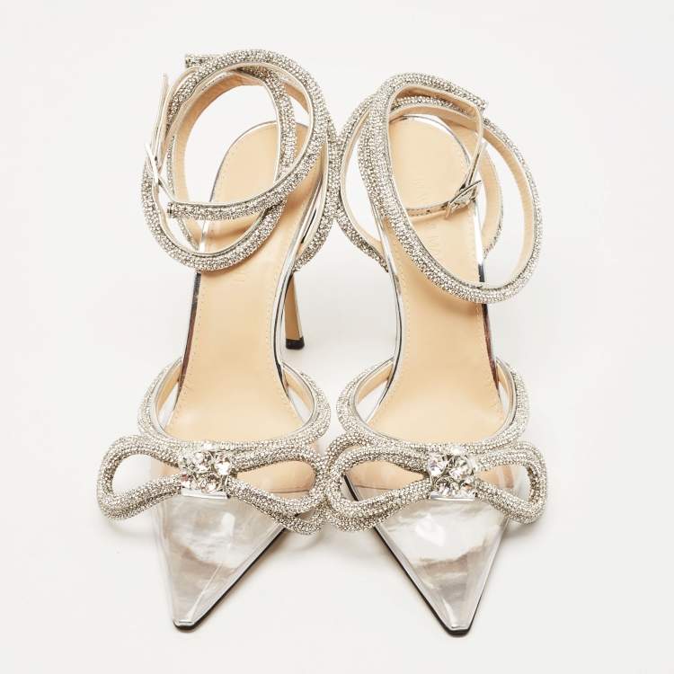 Pre Owned Mach & Mach Transparent PVC Crystal Embellished Double Bow Pumps Size 38