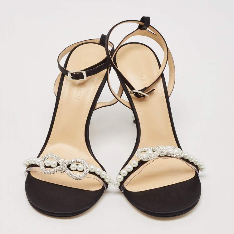 Pre Owned Mach & Mach Black Satin and PVC Pearl Bow Ankle Strap Sandals Size 39