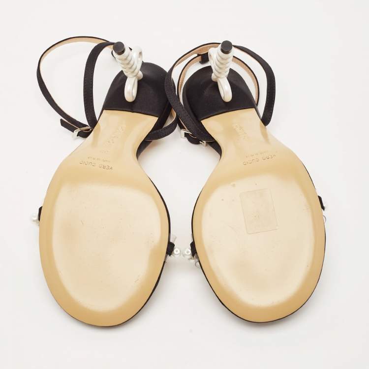 Pre Owned Mach & Mach Black Satin and PVC Pearl Bow Ankle Strap Sandals Size 39