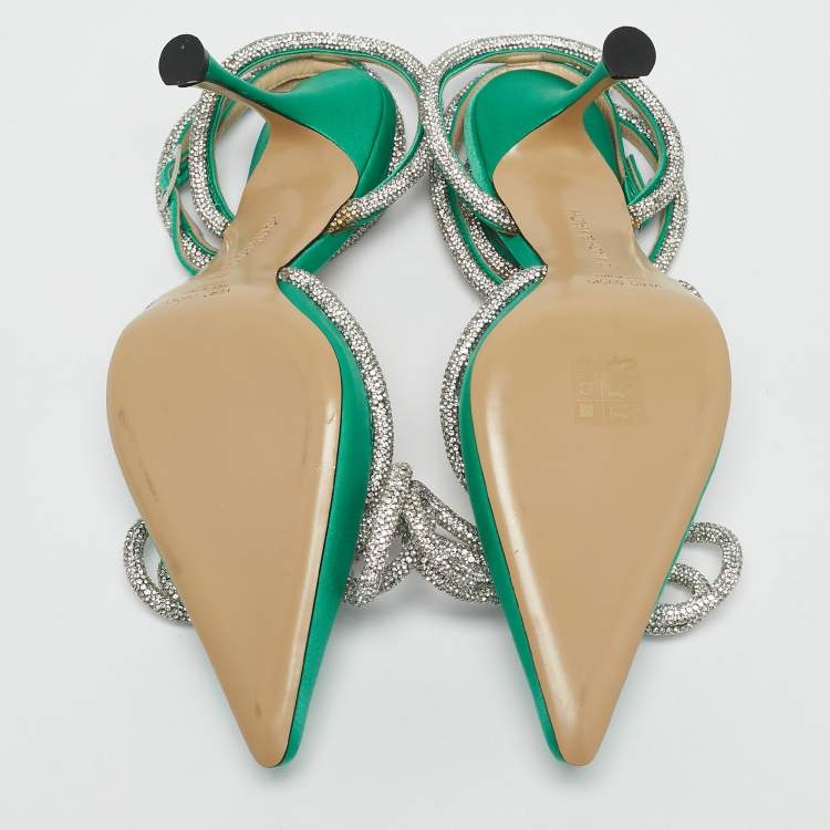 Pre Owned Mach & Mach Green Satin Double Bow Crystal Embellished Ankle Strap Pumps Size 39