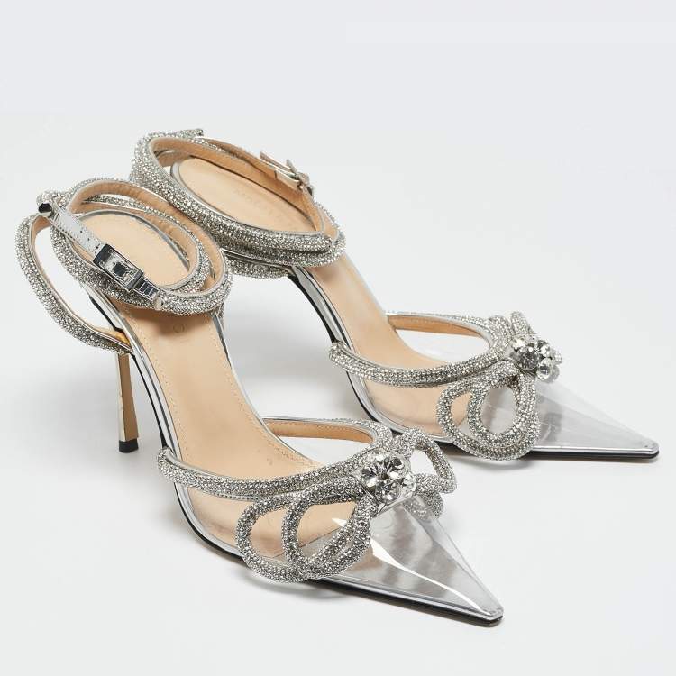 Pre Owned Mach & Mach Transparent PVC Double Bow Crystal Embellished Pumps Size 38.5