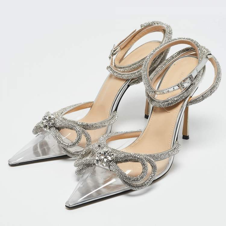 Pre Owned Mach & Mach Transparent PVC Double Bow Crystal Embellished Pumps Size 38.5