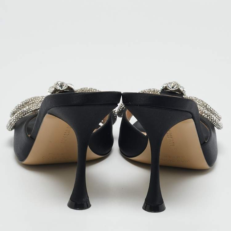 Pre Owned Mach & Mach Black Satin Double Bow Crystal Embellished Slip Sandals Size 38