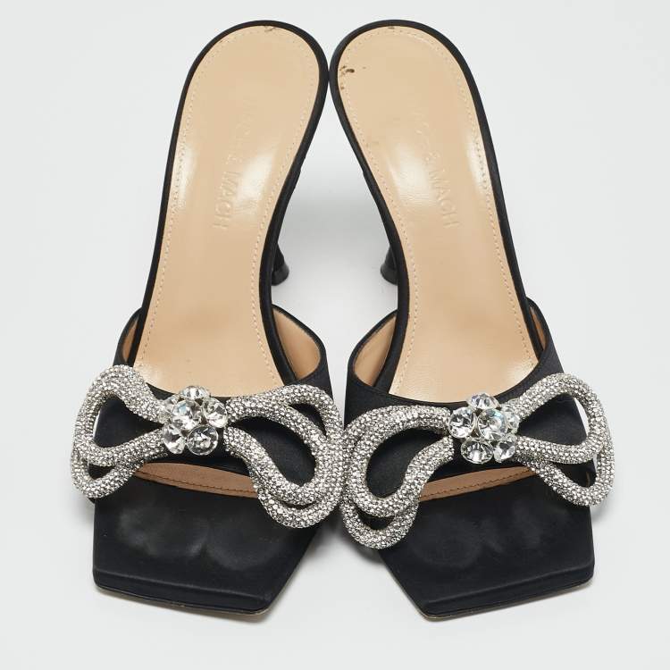 Pre Owned Mach & Mach Black Satin Double Bow Crystal Embellished Slip Sandals Size 38
